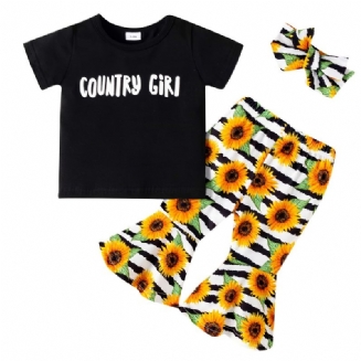 Děťátko Dívky Krátký Rukáv + Květinový Vzor Rozšířené Kalhoty + Čelenka Set Oblečení Pro Miminko