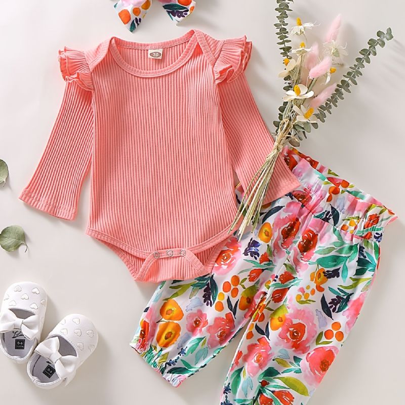 Děťátko Dívky Květinový Potisk Onesie & Kalhoty & Čelenka Set