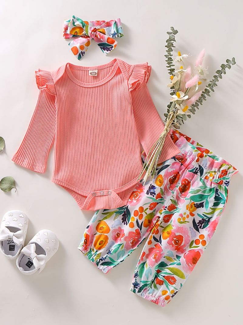 Děťátko Dívky Květinový Potisk Onesie & Kalhoty & Čelenka Set