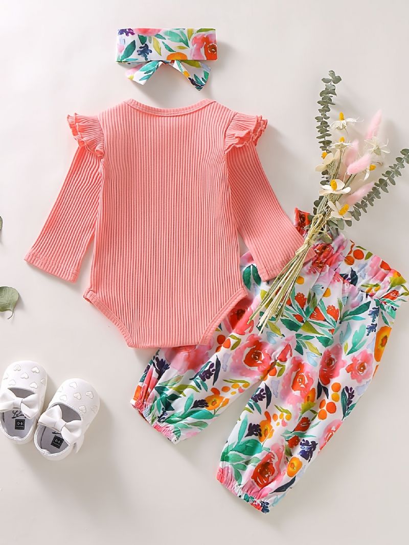 Děťátko Dívky Květinový Potisk Onesie & Kalhoty & Čelenka Set