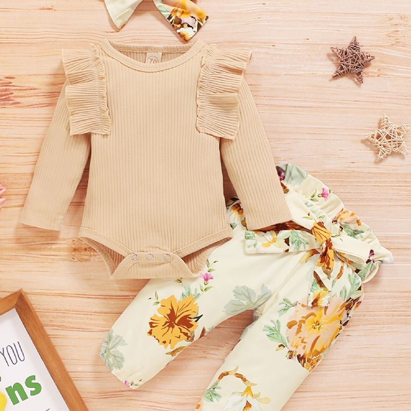 Kojenecká Holčička S Květinovým Potiskem Onesie Romper Pants Set Čelenka S Mašlí