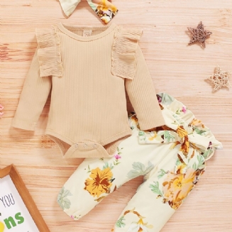 Kojenecká Holčička S Květinovým Potiskem Onesie Romper Pants Set Čelenka S Mašlí