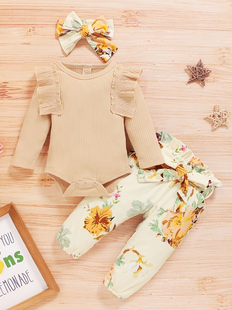 Kojenecká Holčička S Květinovým Potiskem Onesie Romper Pants Set Čelenka S Mašlí