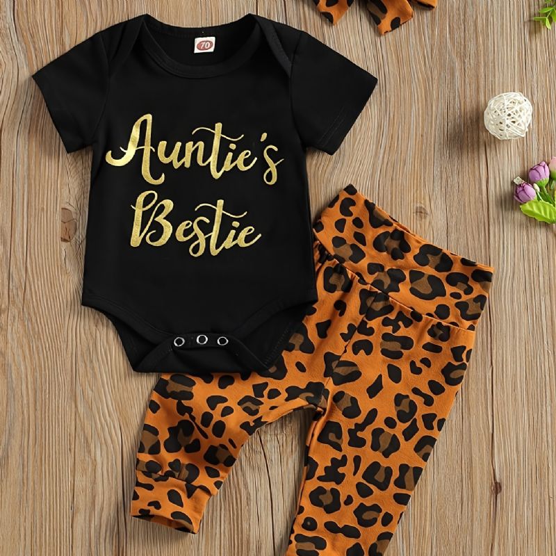 Novorozená Dívka Kombinéza S Krátkým Rukávem + Leopardí Potisk Kalhoty Set Kojenecké Oblečení Body