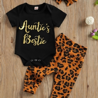 Novorozená Dívka Kombinéza S Krátkým Rukávem + Leopardí Potisk Kalhoty Set Kojenecké Oblečení Body