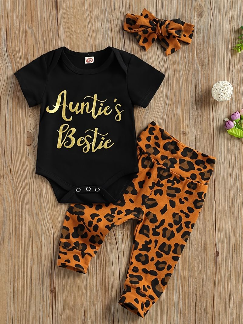 Novorozená Dívka Kombinéza S Krátkým Rukávem + Leopardí Potisk Kalhoty Set Kojenecké Oblečení Body