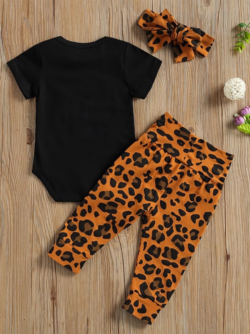 Novorozená Dívka Kombinéza S Krátkým Rukávem + Leopardí Potisk Kalhoty Set Kojenecké Oblečení Body