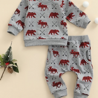Novorozené Miminko Vánoční Oblečení Pulovr Deer Bear Potisk Mikina A Kalhoty S Kulatým Výstřihem A Dlouhým Rukávem Pro Chlapce A Dívky