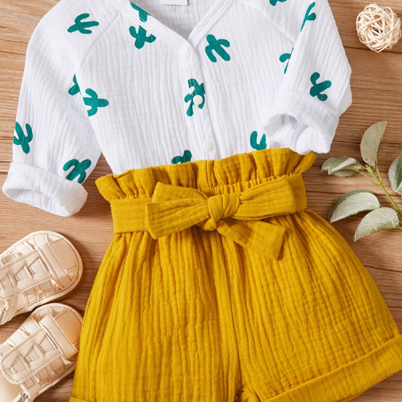 Novorozenecké Batole Cactus Print Dlouhé Rukávy Cardigan & Volánkové Šortky Set Pro Holčičky