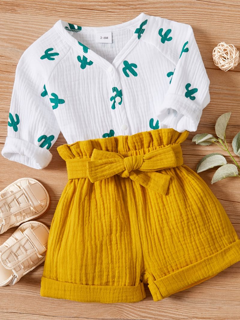 Novorozenecké Batole Cactus Print Dlouhé Rukávy Cardigan & Volánkové Šortky Set Pro Holčičky