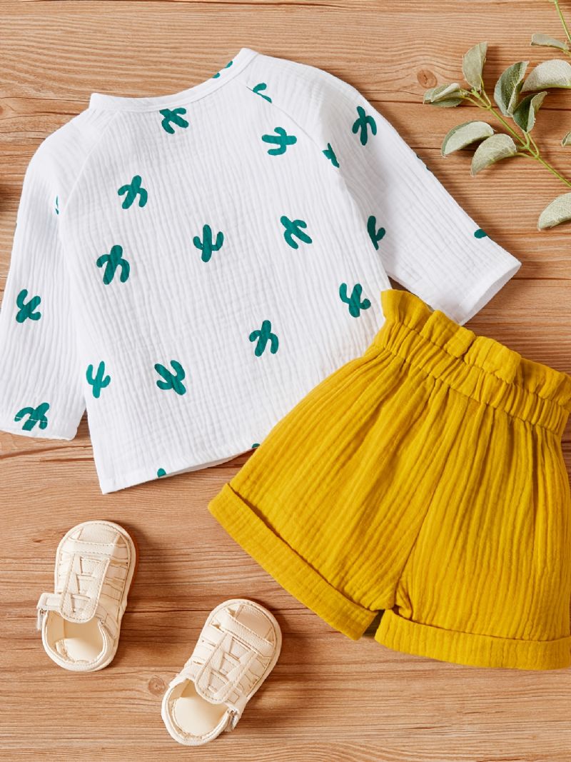Novorozenecké Batole Cactus Print Dlouhé Rukávy Cardigan & Volánkové Šortky Set Pro Holčičky