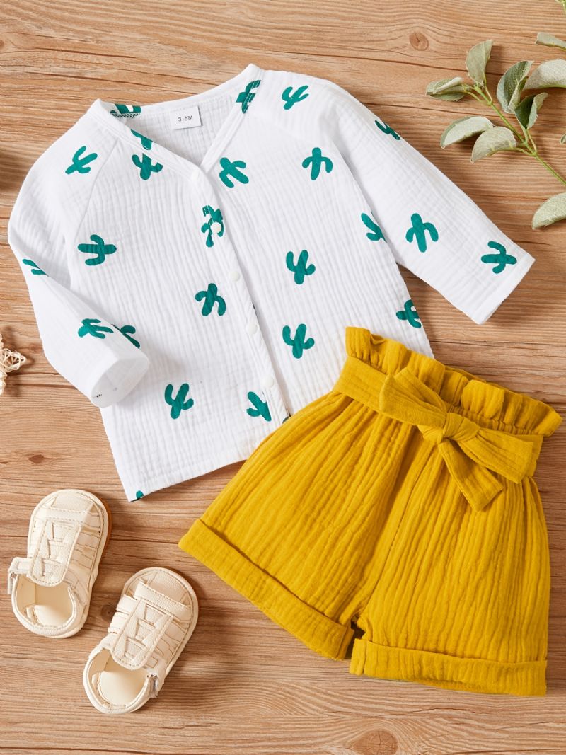 Novorozenecké Batole Cactus Print Dlouhé Rukávy Cardigan & Volánkové Šortky Set Pro Holčičky