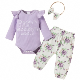 Oblečení Pro Miminko Volánkový Overal + Květinové Kalhoty + Sada Čelenky Dívčí Pro Novorozence