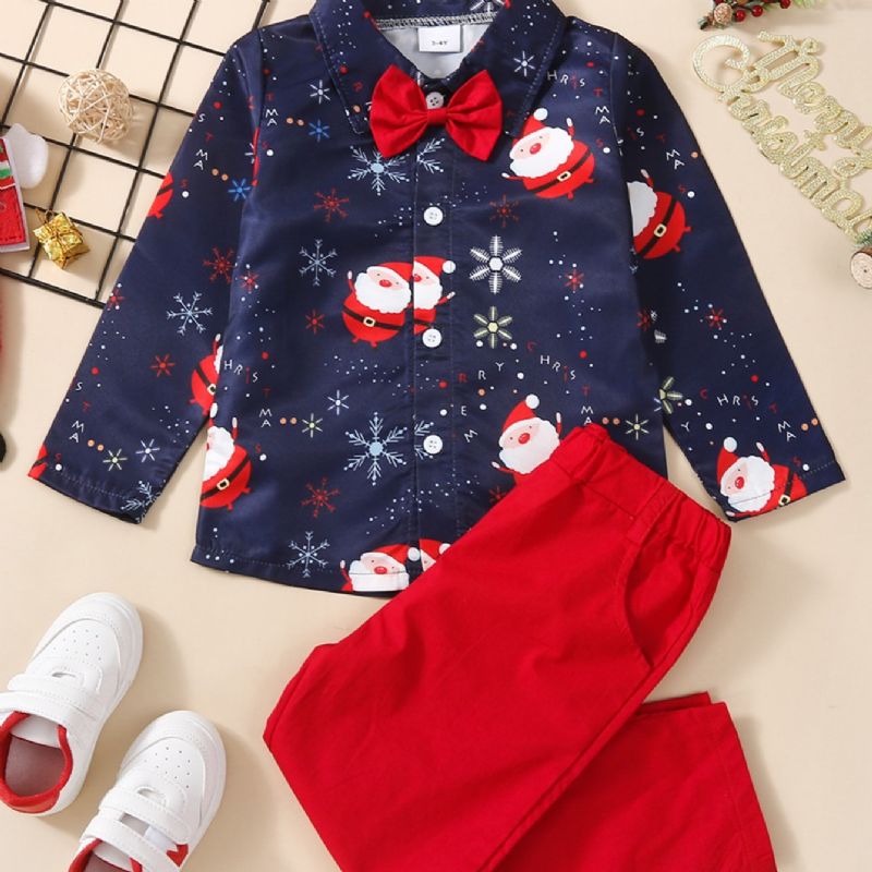 Sada 2ks Chlapci Christmas Print Bowtie Shirt & Red Pants