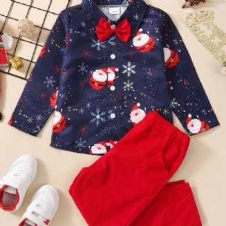 Sada 2ks Chlapci Christmas Print Bowtie Shirt & Red Pants