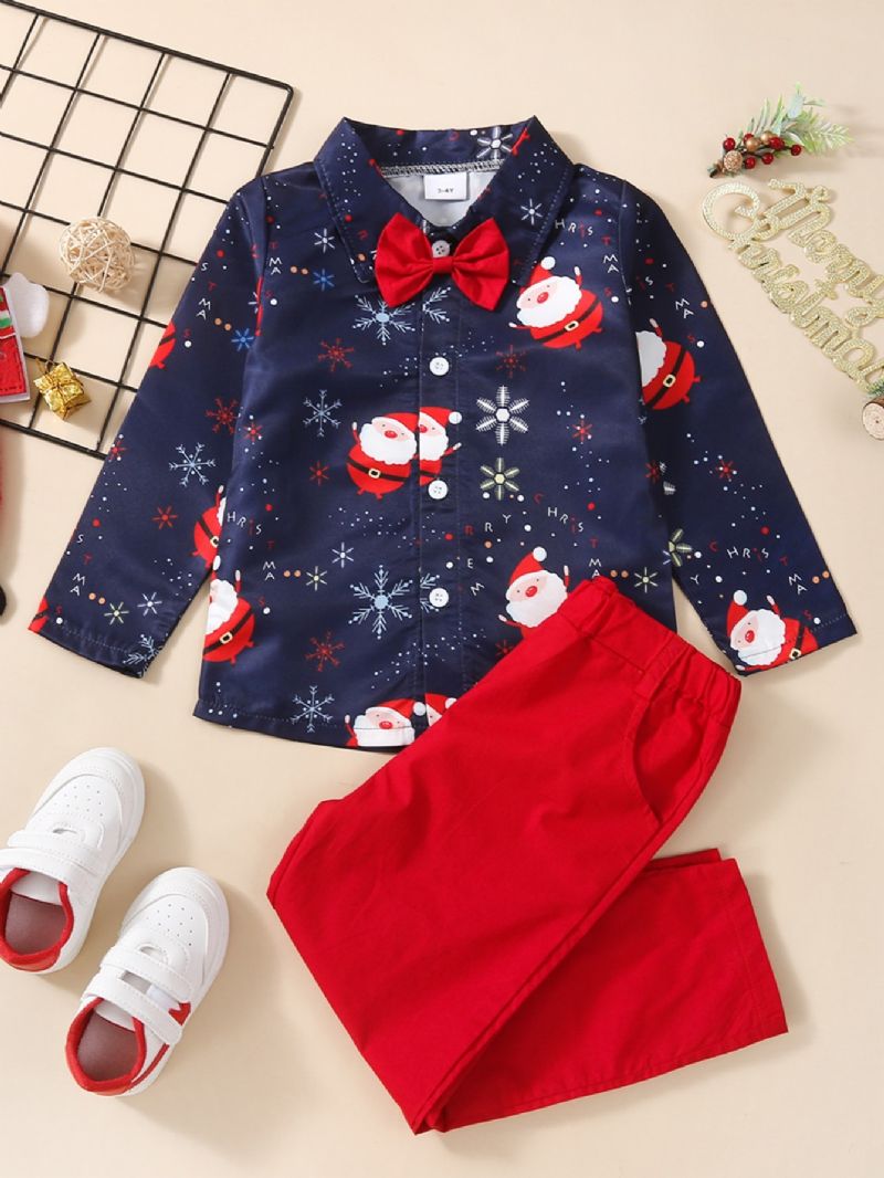 Sada 2ks Chlapci Christmas Print Bowtie Shirt & Red Pants