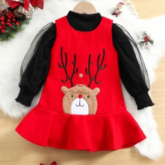 Vánoční Dívka Elk Vyšívané Síťované Šaty