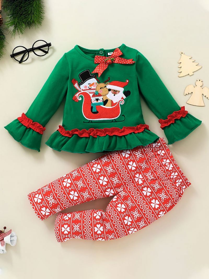 Vánoční Dvoudílné Dívčí Kalhoty S Volánkovým Potiskem S Dlouhým Rukávem