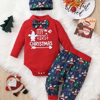 Vánoční Oblečení Kojenecká Kombinéza Dlouhý Rukáv Mašle Body & Cartoon Santa Print Sada Kalhot A Čepice Pro Chlapečky Dívky Dětské