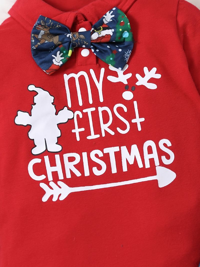 Vánoční Oblečení Kojenecká Kombinéza Dlouhý Rukáv Mašle Body & Cartoon Santa Print Sada Kalhot A Čepice Pro Chlapečky Dívky Dětské