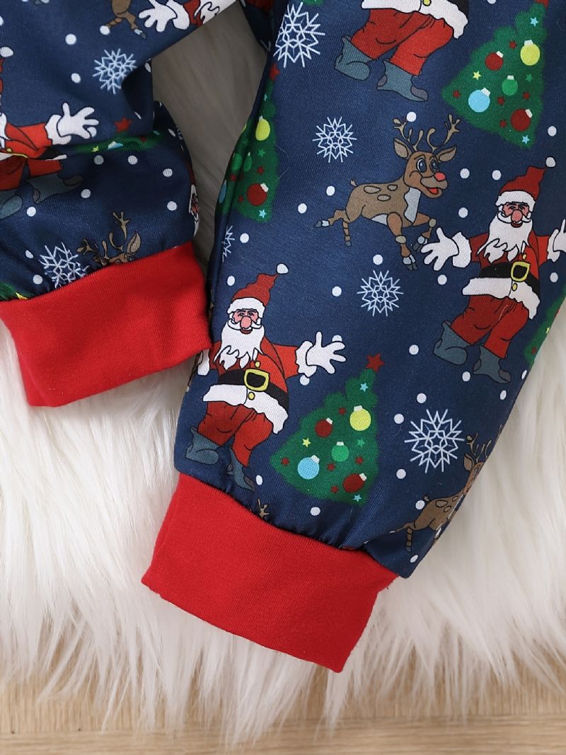 Vánoční Oblečení Kojenecká Kombinéza Dlouhý Rukáv Mašle Body & Cartoon Santa Print Sada Kalhot A Čepice Pro Chlapečky Dívky Dětské