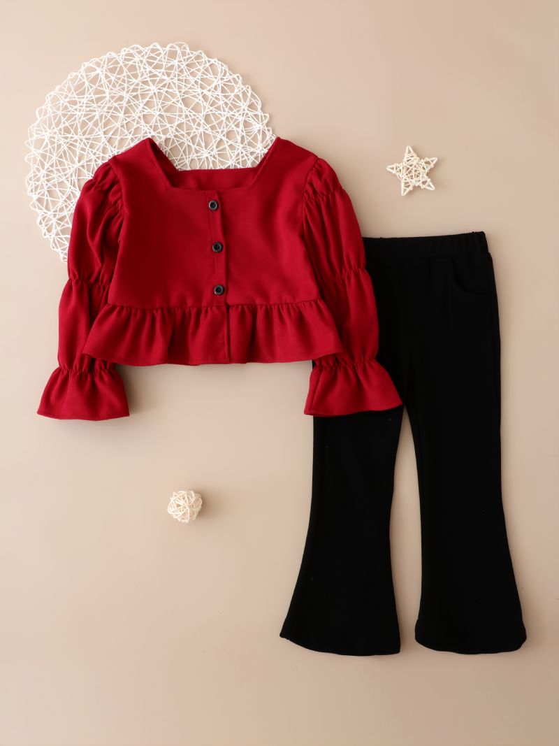Vánoční Sada Dívčí Módní Red Frill Trim Rozšířený Top S Dlouhým Rukávem A Rozšířené Kalhoty