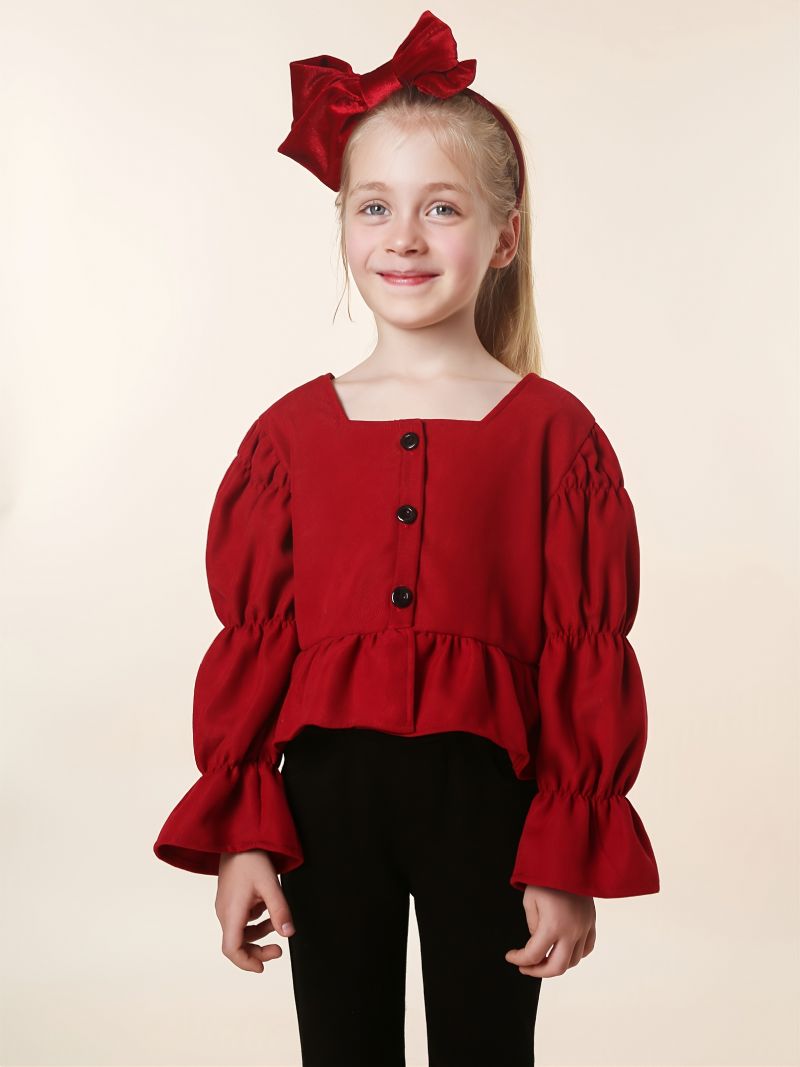 Vánoční Sada Dívčí Módní Red Frill Trim Rozšířený Top S Dlouhým Rukávem A Rozšířené Kalhoty
