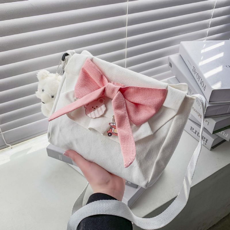 Bow Decor Plátěná Taška Přes Rameno Crossbody Kabelka S Roztomilým Odznakem Doplňků Pro Studenty A Dívky