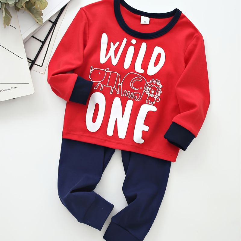 Chlapci Letter Wild One Crew Neck Bavlněné Tričko S Dlouhým Rukávem Jogger Tepláky Set