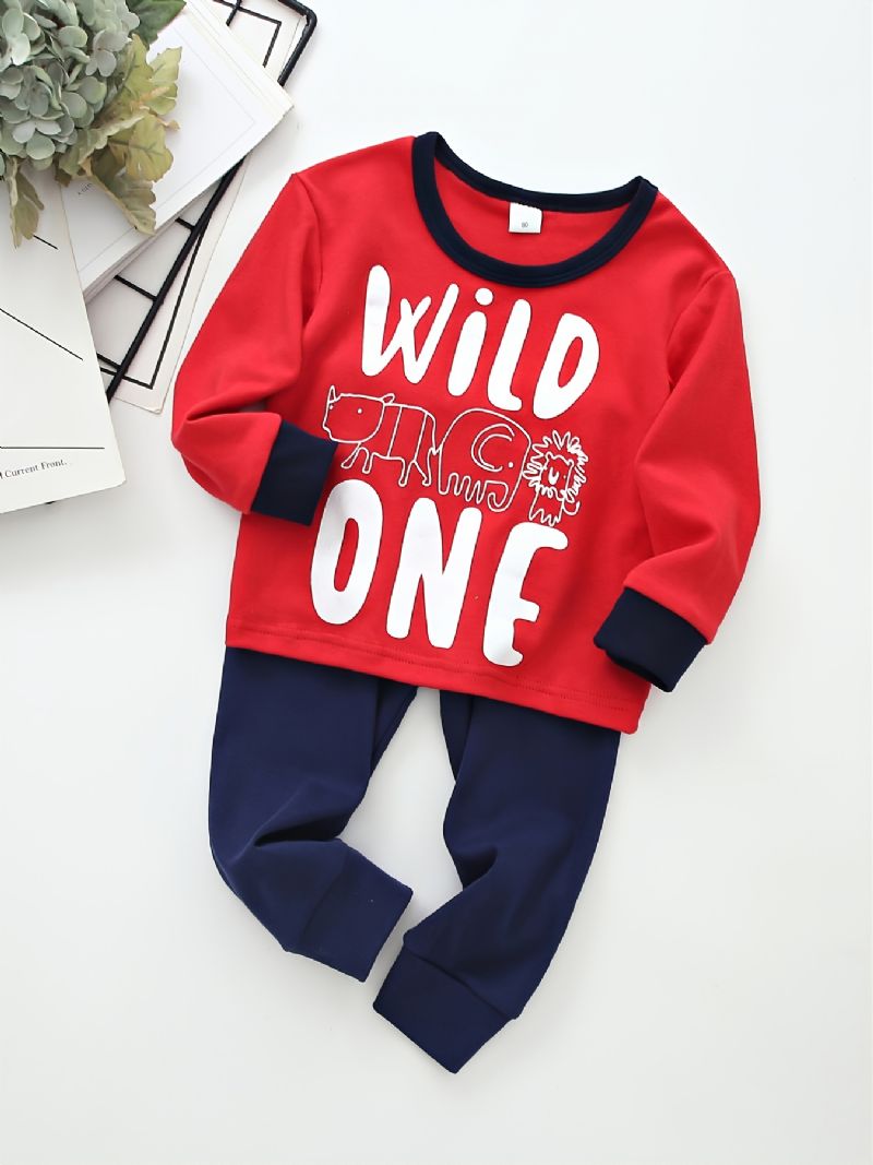 Chlapci Letter Wild One Crew Neck Bavlněné Tričko S Dlouhým Rukávem Jogger Tepláky Set