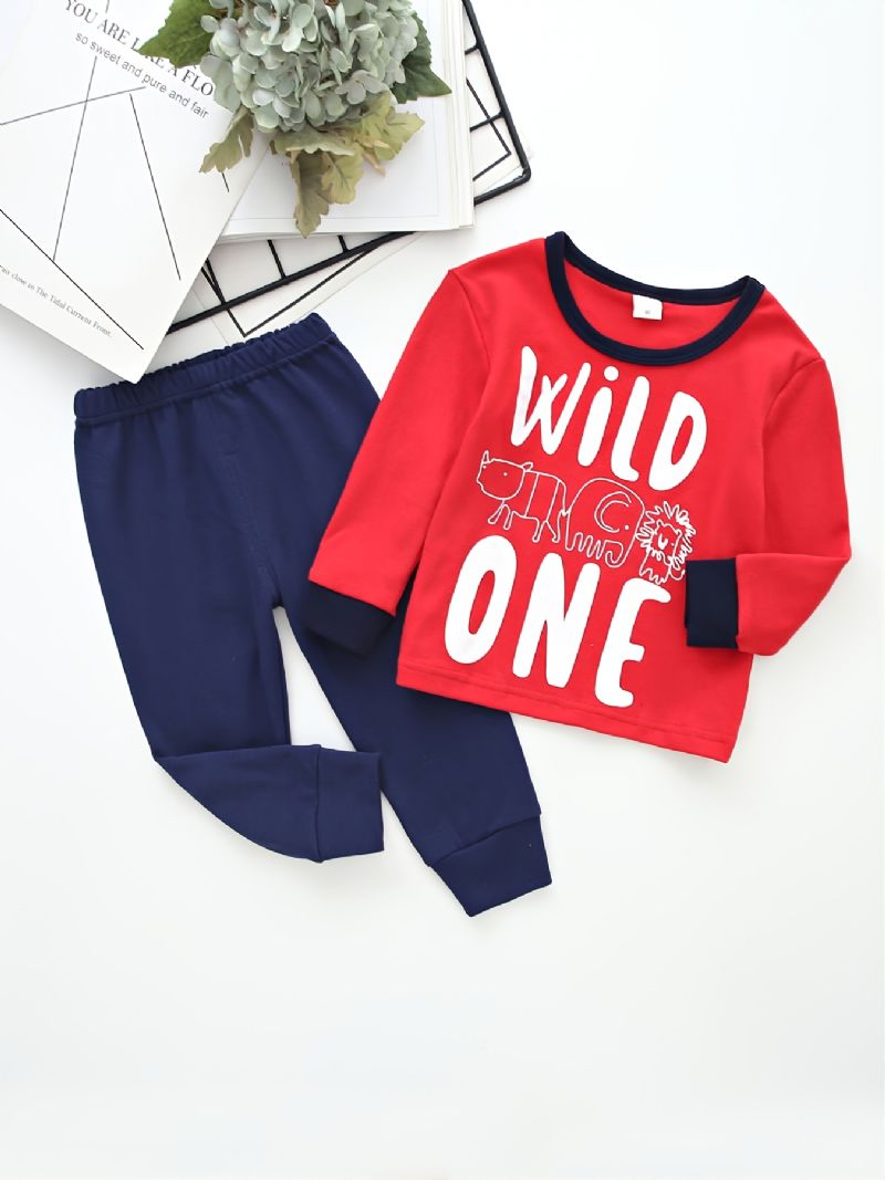 Chlapci Letter Wild One Crew Neck Bavlněné Tričko S Dlouhým Rukávem Jogger Tepláky Set