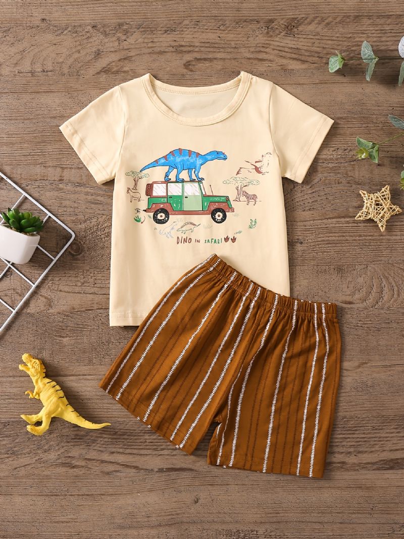 Chlapecká Neformální Sada Pyžama S Tričkem S Kresleným Potiskem Cartoon Car Dinosaur A Pruhovanými Šortkami Na Doma
