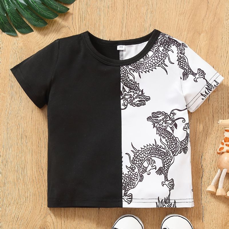 Chlapečtí Chlapci Casual Color Block Dragon Print Tričko S Krátkým Rukávem Crew Top White Black