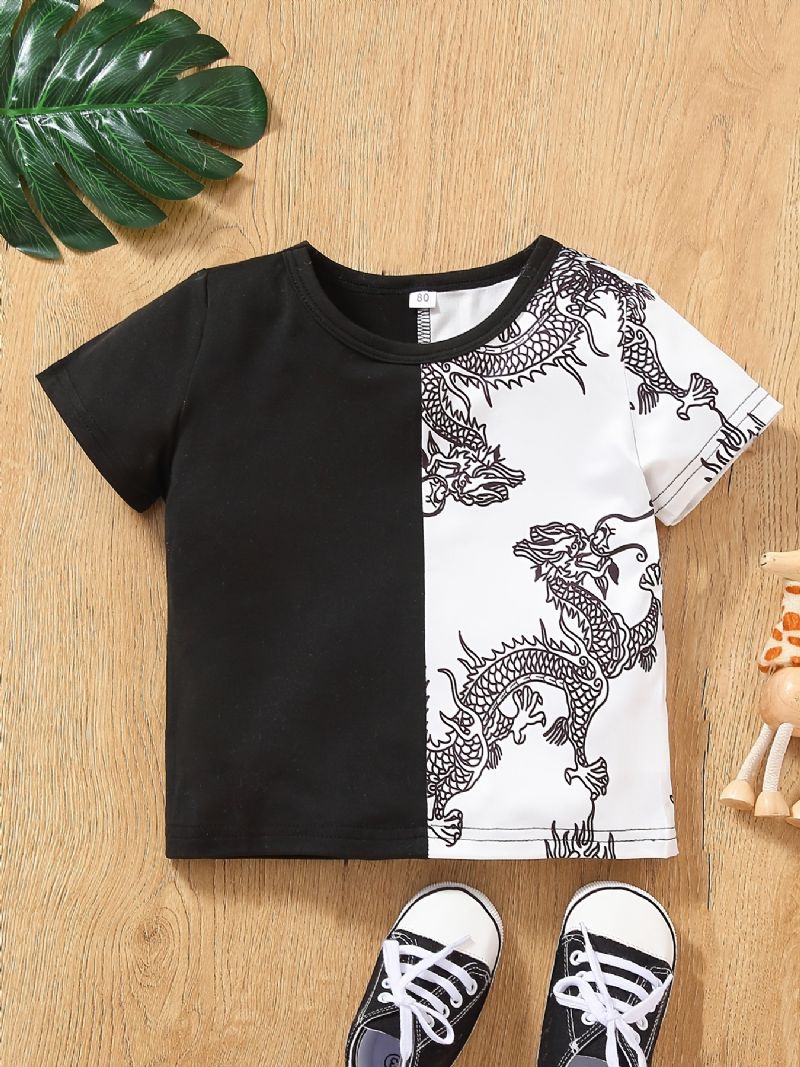 Chlapečtí Chlapci Casual Color Block Dragon Print Tričko S Krátkým Rukávem Crew Top White Black