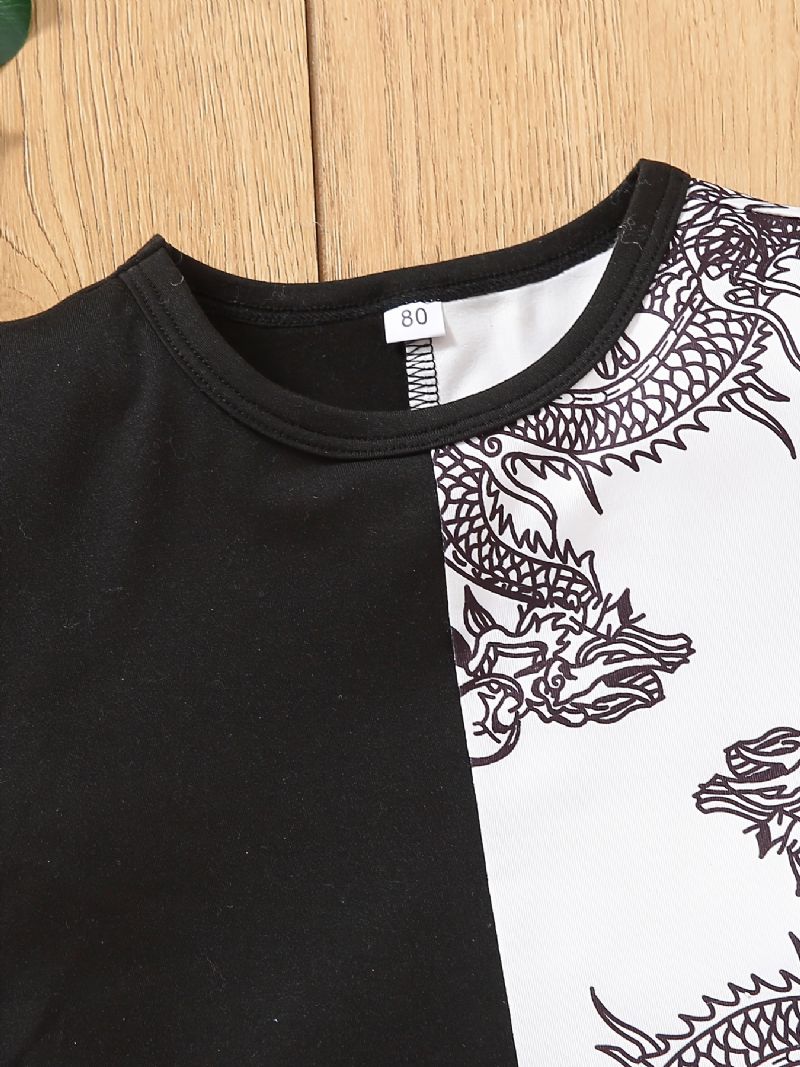 Chlapečtí Chlapci Casual Color Block Dragon Print Tričko S Krátkým Rukávem Crew Top White Black