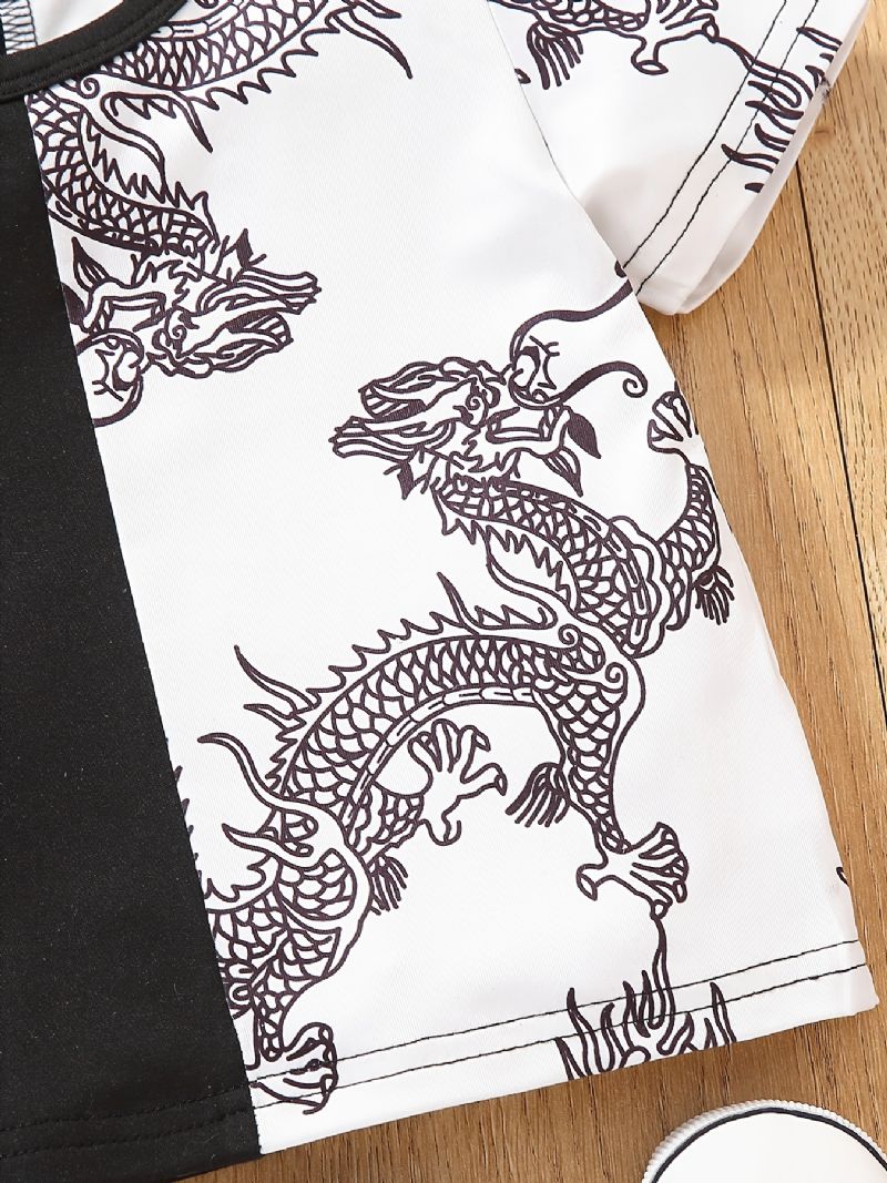 Chlapečtí Chlapci Casual Color Block Dragon Print Tričko S Krátkým Rukávem Crew Top White Black