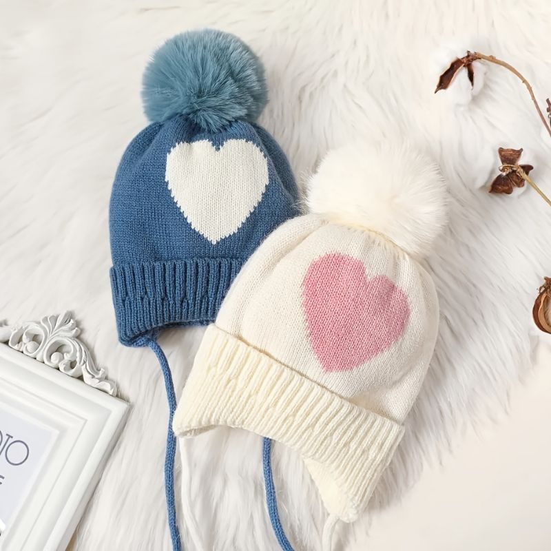 Dětská Čepice Děťátko Heart Print Beanie Pletená S Bambulí Ušima Teplé Zimní Dívky Pro Chlapce