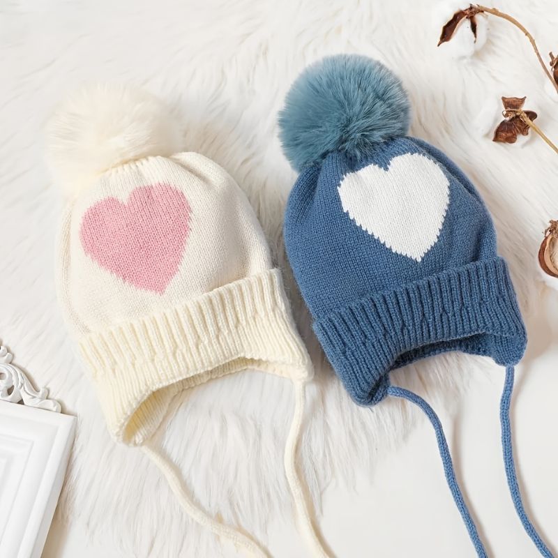 Dětská Čepice Děťátko Heart Print Beanie Pletená S Bambulí Ušima Teplé Zimní Dívky Pro Chlapce