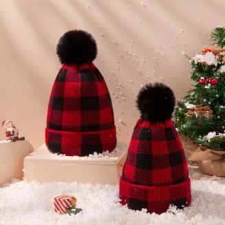 Nová Zimní Pletená Čepice Pro Rodiče S Bambulí Pro Děti Červená Černá Kostkovaná Vánoční Teplá