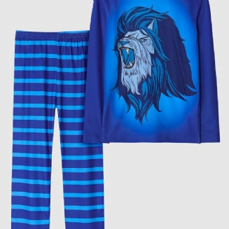 2ks Chlapci Cute Cartoon Lion Print Pyžam Set S Dlouhým Rukávem A Pruhovanými Kalhotami Modrá