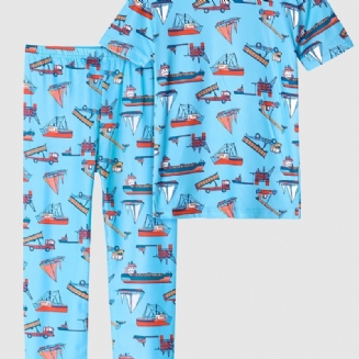 2ks Chlapecké Ležérní Pyžamo Set Topy A Kalhoty S Krátkým Rukávem A Výstřihem S Potiskem Lodiček