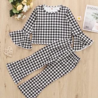 2ks Dívčí Kalhoty S Dlouhým Rukávem Houndstooth Print Flare Sleeve