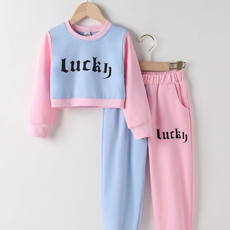 2ks Děťátko Dívky Letter Print Crop Pullover S Kulatým Výstřihem Dlouhý Rukáv Sada Mikiny A Kalhot S Barevným Blokem Dětské Oblečení