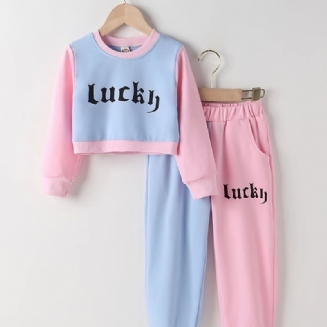 2ks Děťátko Dívky Letter Print Crop Pullover S Kulatým Výstřihem Dlouhý Rukáv Sada Mikiny A Kalhot S Barevným Blokem Dětské Oblečení