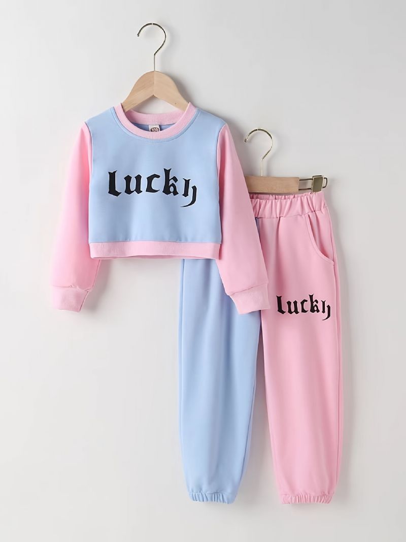 2ks Děťátko Dívky Letter Print Crop Pullover S Kulatým Výstřihem Dlouhý Rukáv Sada Mikiny A Kalhot S Barevným Blokem Dětské Oblečení