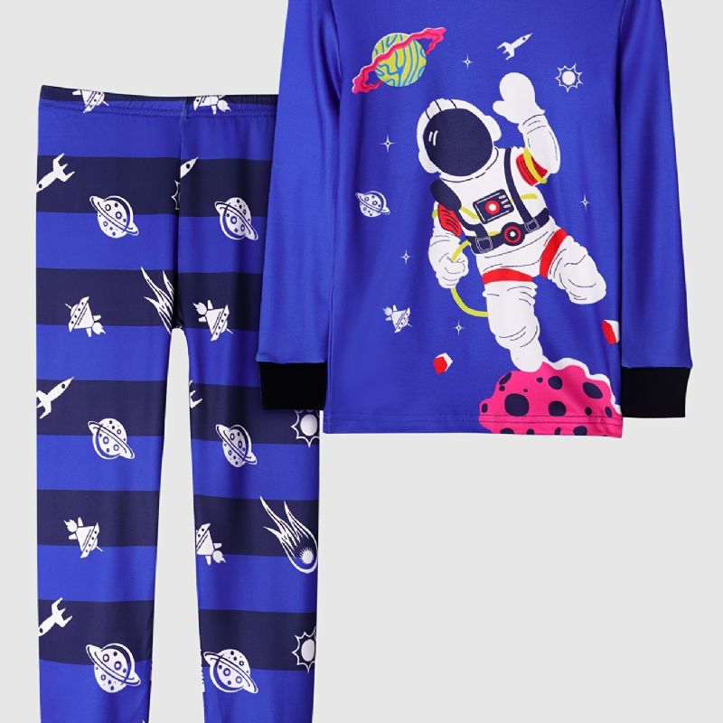 Chlapecké Ležérní Modré Kreslené Pyžamo S Potiskem Astronautů Tričko S Dlouhým Rukávem A Pruhované Kalhoty