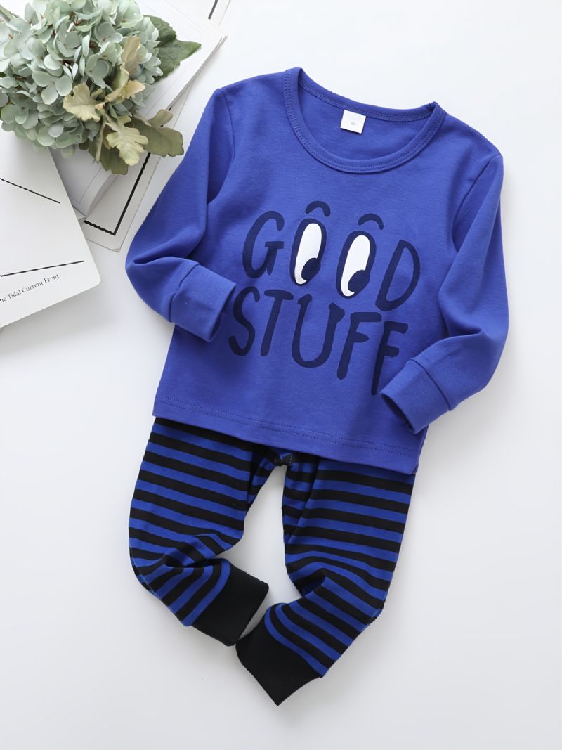 Chlapecký Modrý Good Stuff Tričko S Dlouhým Rukávem A Pruhované Kalhoty S Potiskem Pyžamový Set