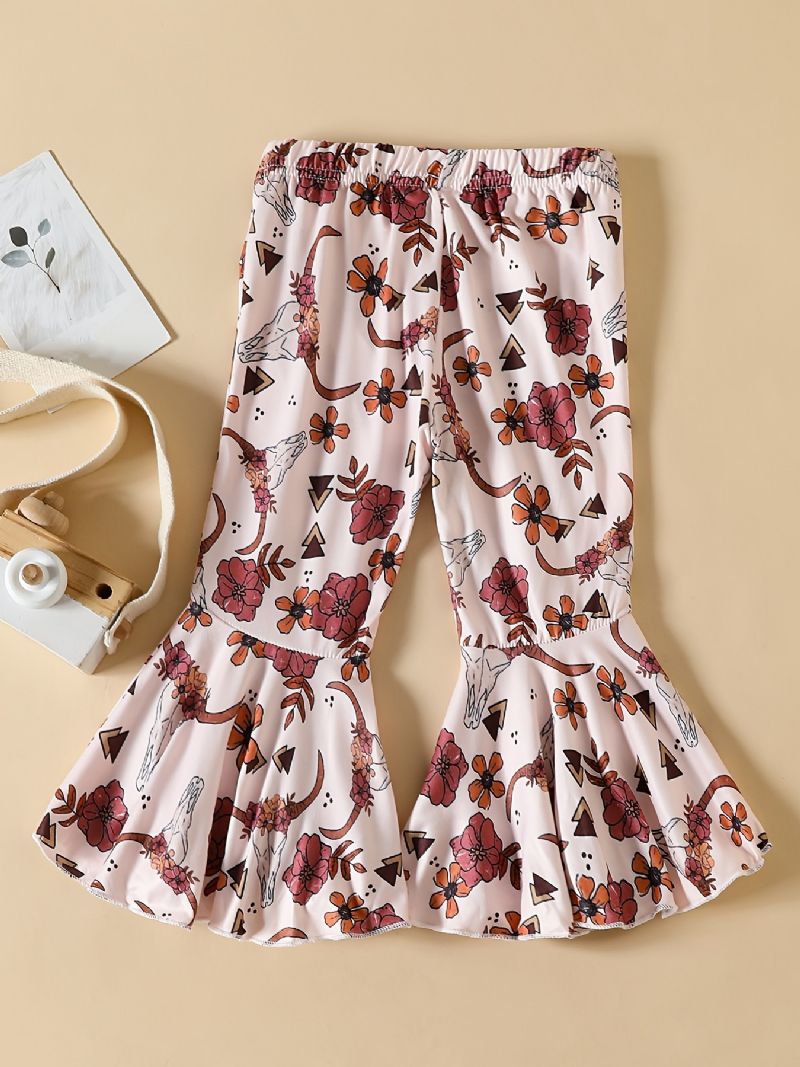 Dívčí Květinový Potisk Ruffle Bell Elastické Kalhoty V Pase Dětské Oblečení Na Jaro Podzim
