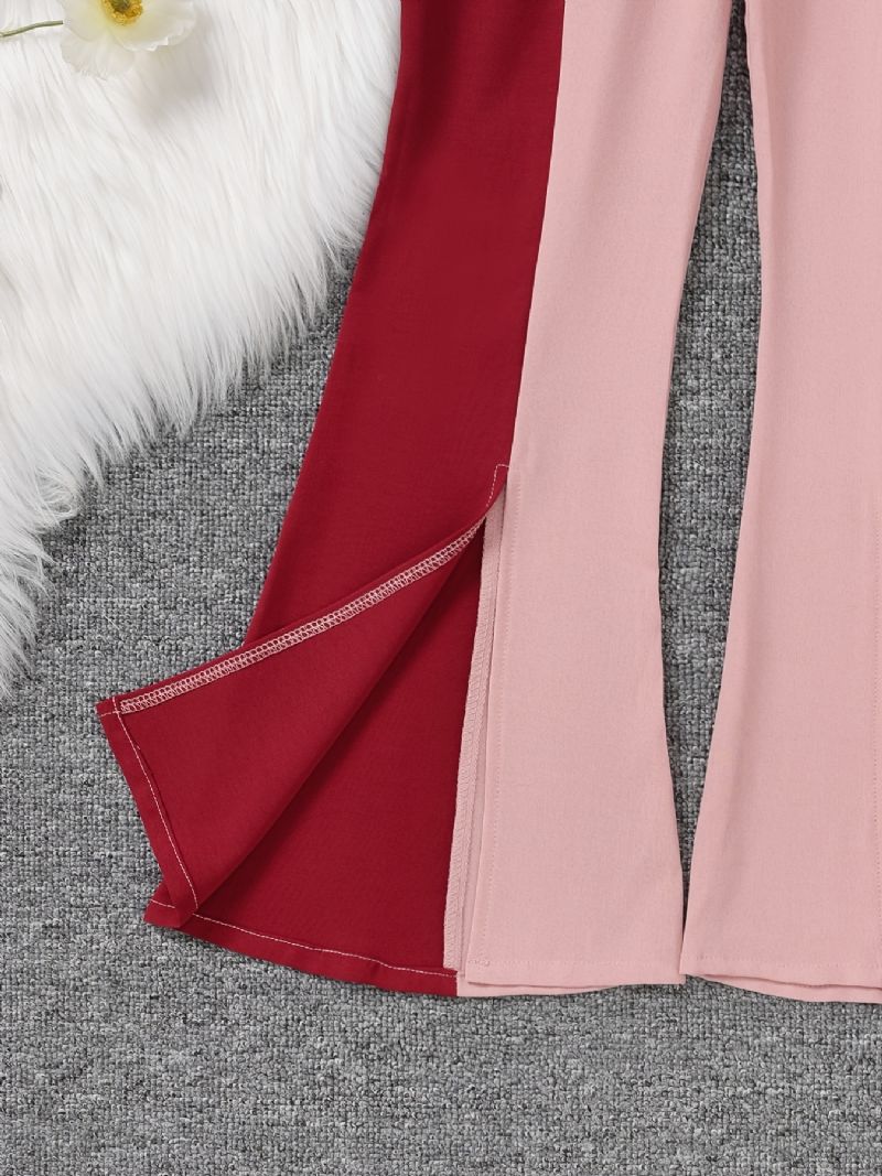 Dívčí Ležérní Vintage Barevné Blokové Šití Rozšířené Kalhoty Pro Zimní Červené