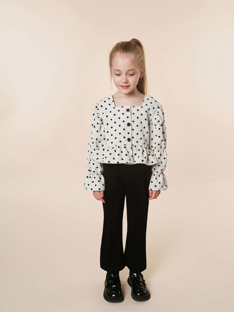 Dívčí Módní Outfit Puntíkovaný Nařasený Top S Dlouhým Rukávem A Rozšířené Kalhoty
